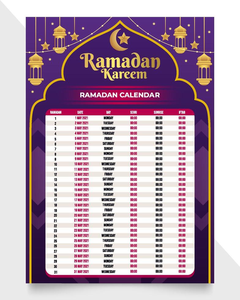 plantilla de calendario de ramadán kareem vector