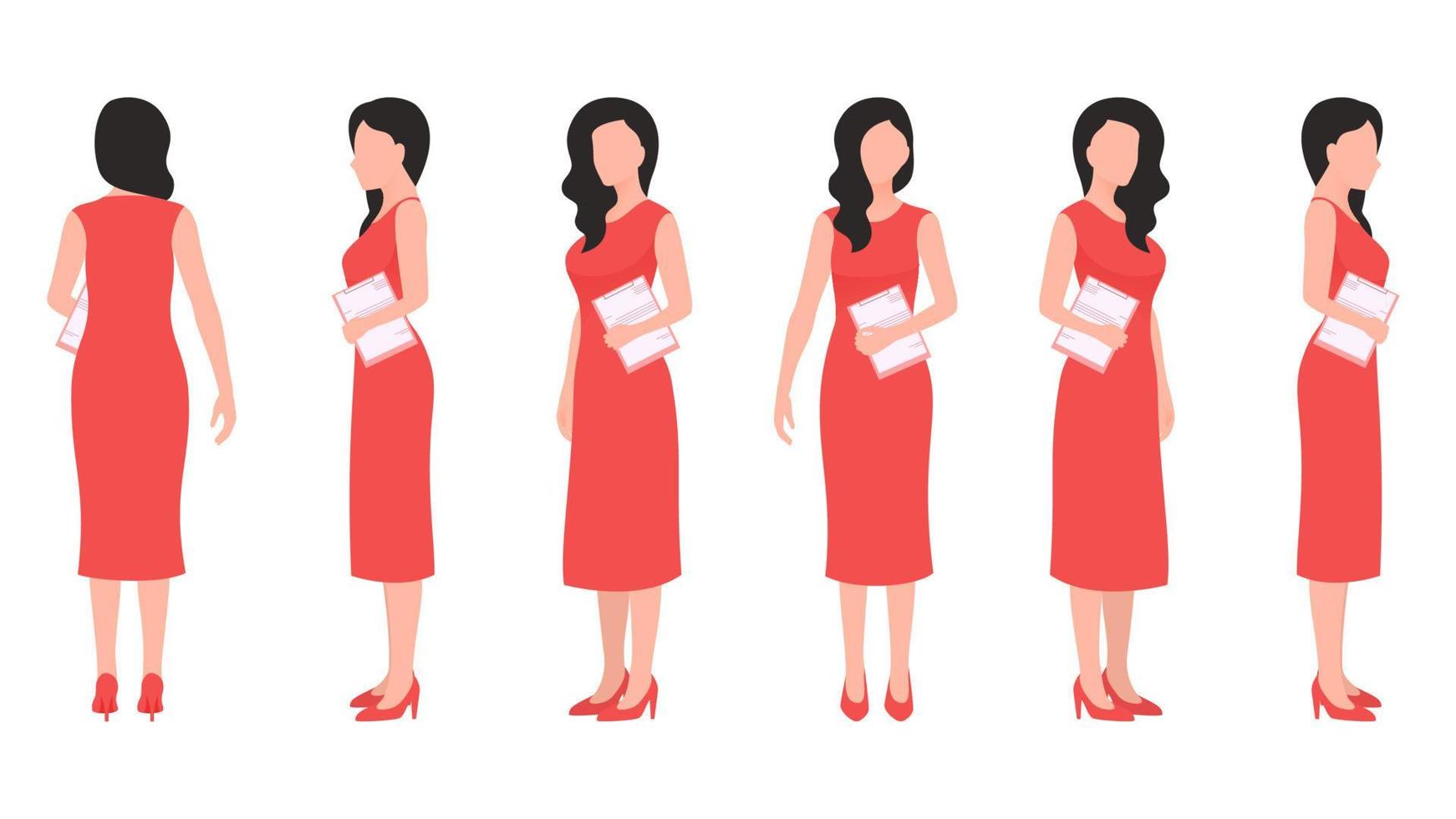 woman with office document flat character vector illustration created from different angles. women with office documents flat character vector set.