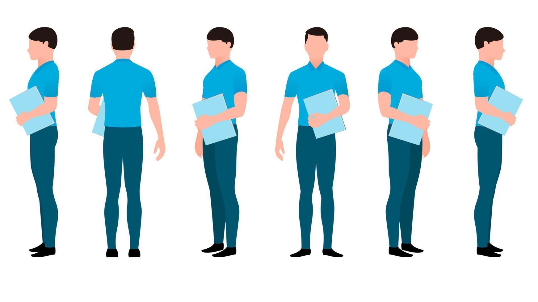 man with office document flat character vector illustration created from different angles. man with office documents flat character vector set.