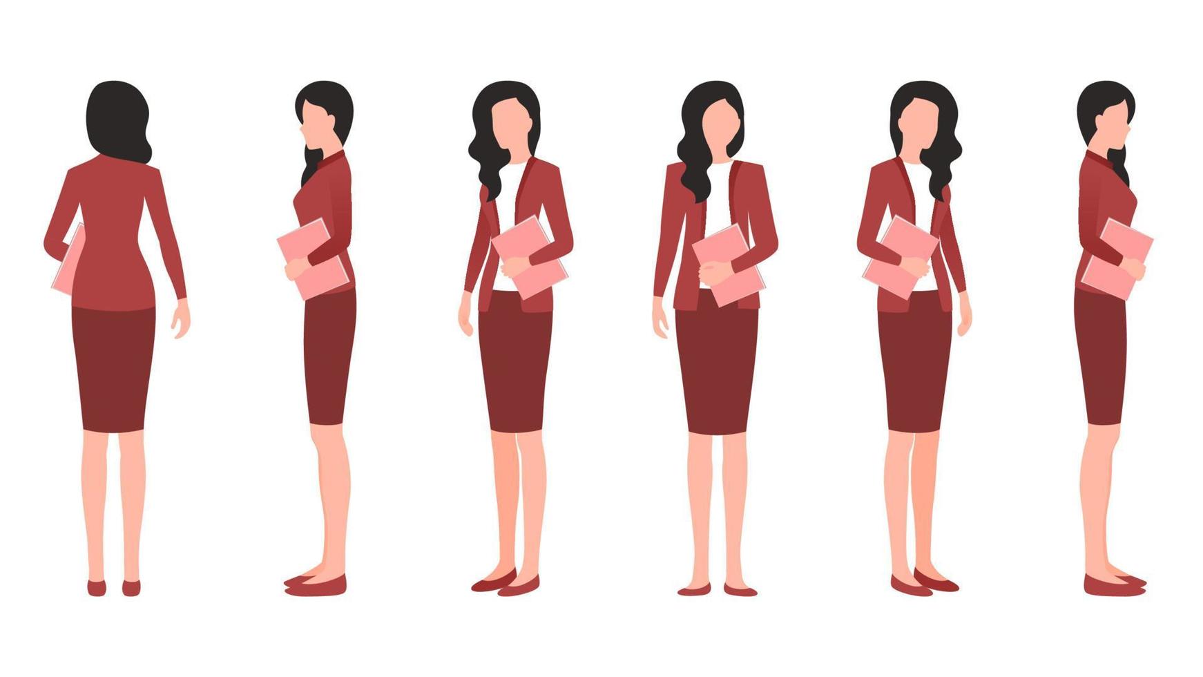 woman with office document flat character vector illustration created from different angles. women with office documents flat character vector set.