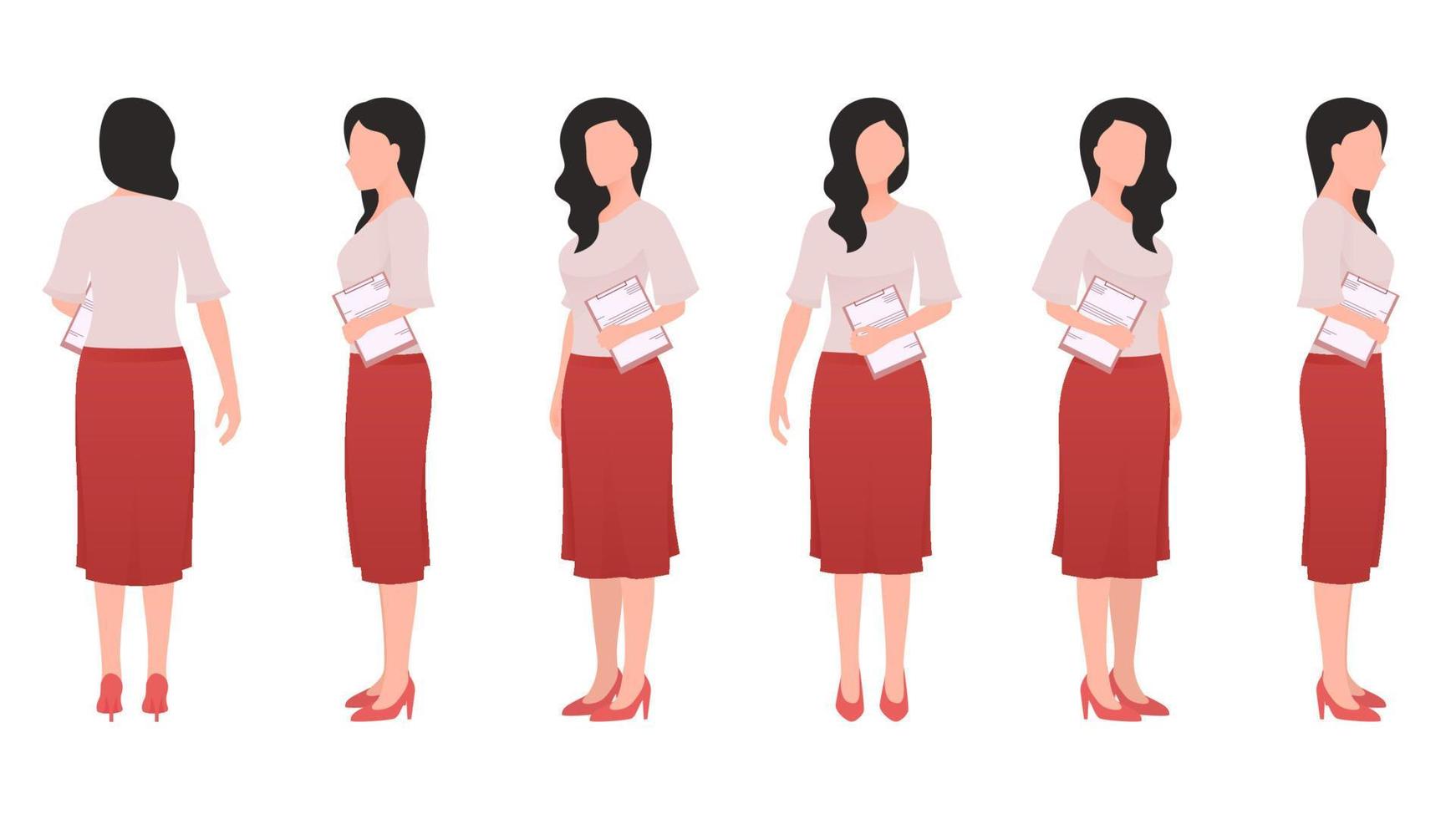 woman with office document flat character vector illustration created from different angles. women with office documents flat character vector set.