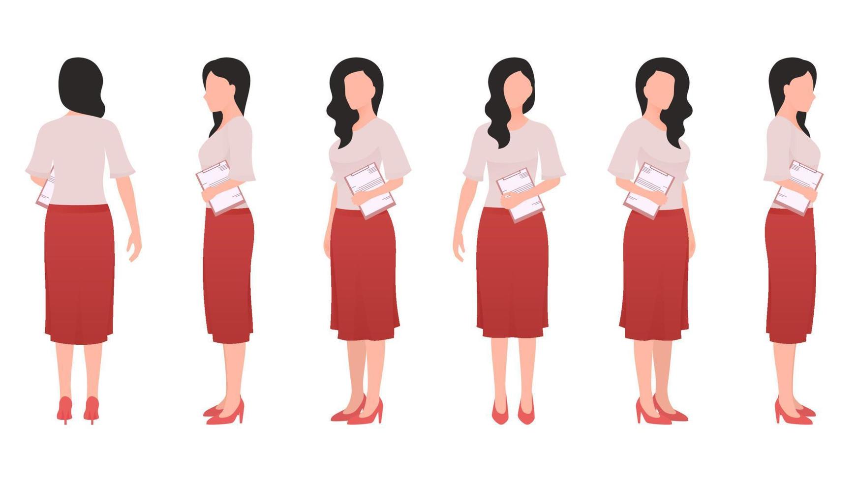 mujer con ilustración de vector de carácter plano de documento de oficina creada desde diferentes ángulos. mujeres con documentos de oficina conjunto de vectores de caracteres planos.