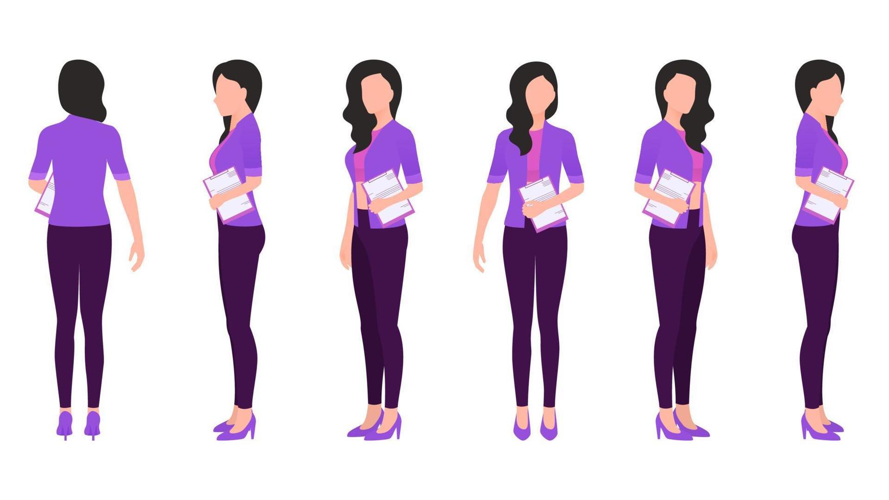 woman with office document flat character vector illustration created from different angles. women with office documents flat character vector set.