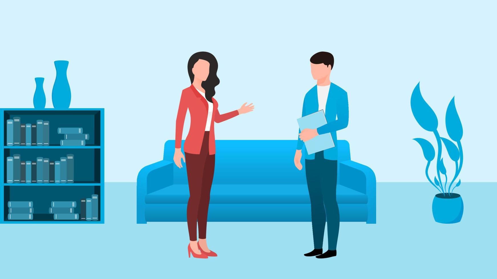 Man and woman talking on office background, Business character vector illustration on white background.