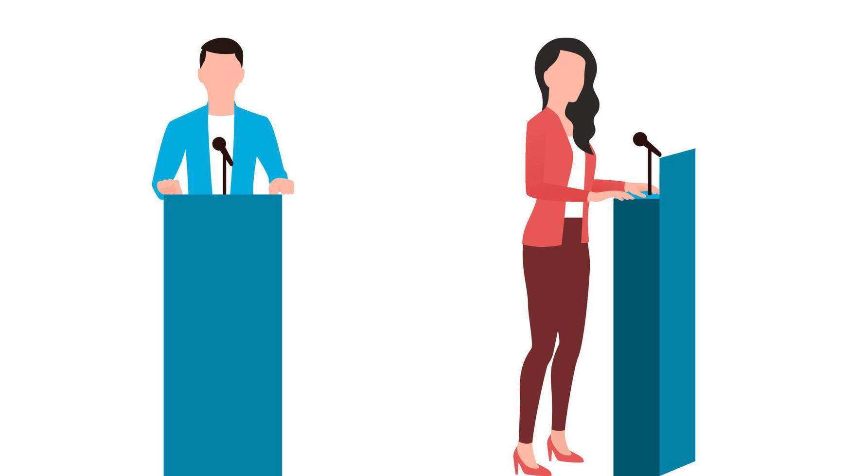 man and woman giving speech flat character vector illustration set, business character vector illustration.