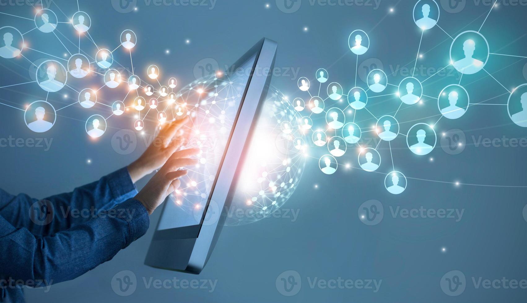 Businessman touching global structure networking and data exchanges customer connection on interface digital screen, technology business and communication. photo
