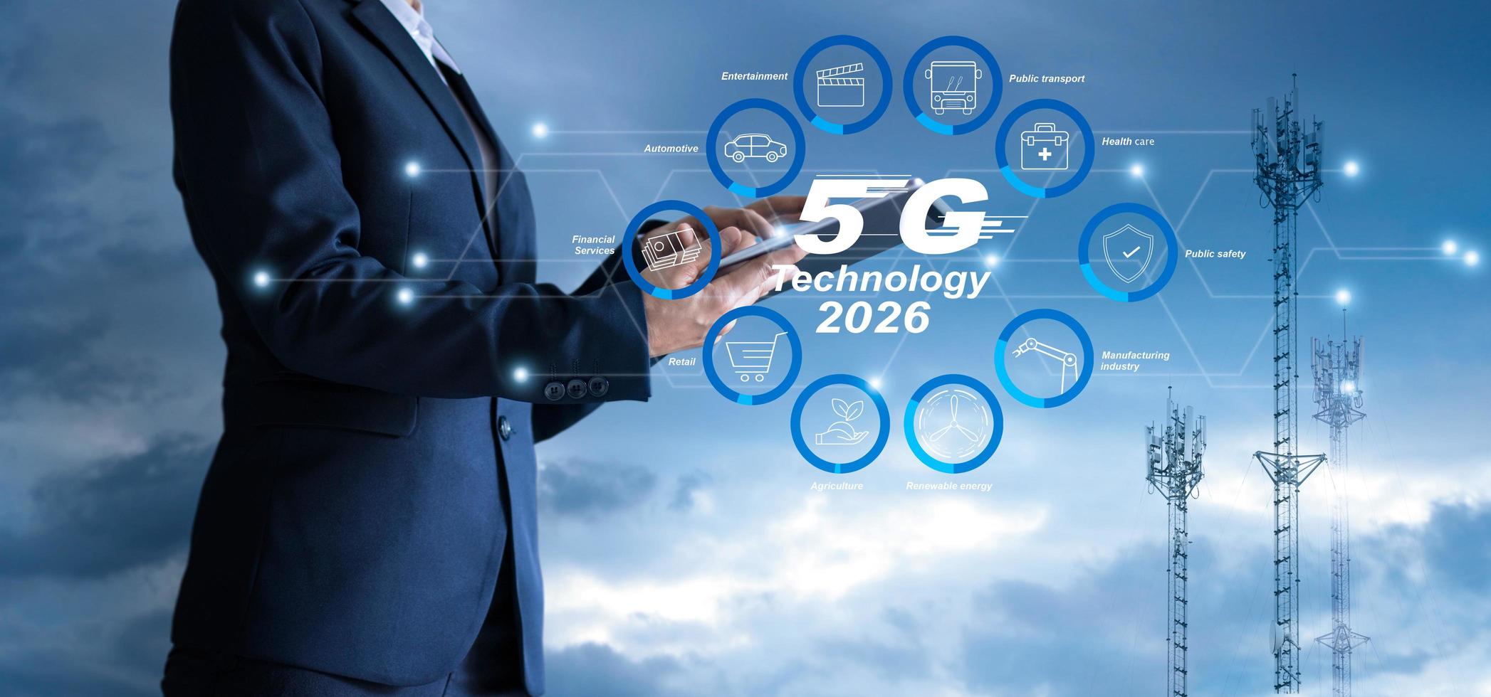 Businessman touching tablet and icon business is growing and make money from 5G technology in 2026. Future and trend marketing. innovative technology and communication network connection. photo