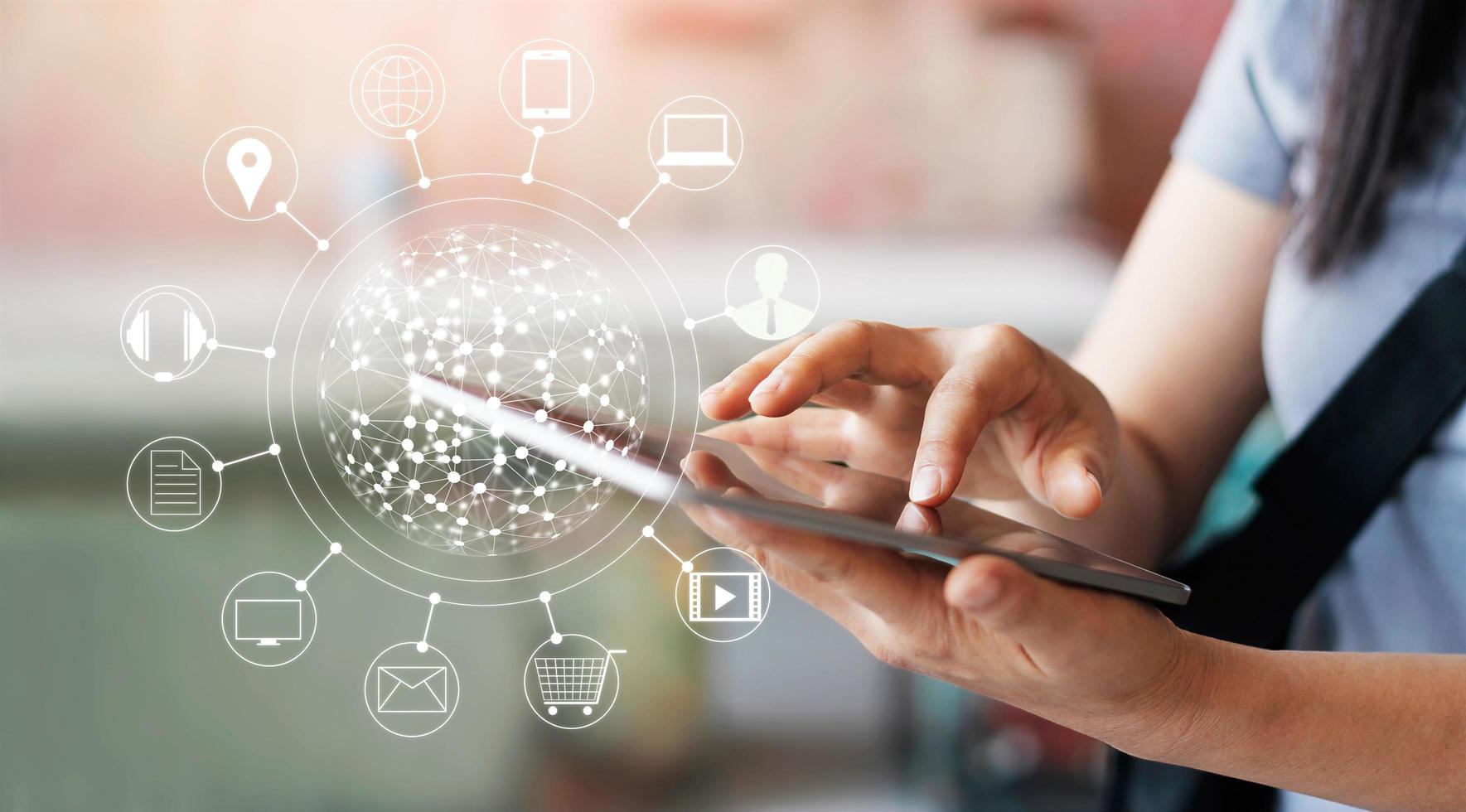 Woman using mobile payments online shopping and icon customer network connection on screen, m-banking and omni channel photo
