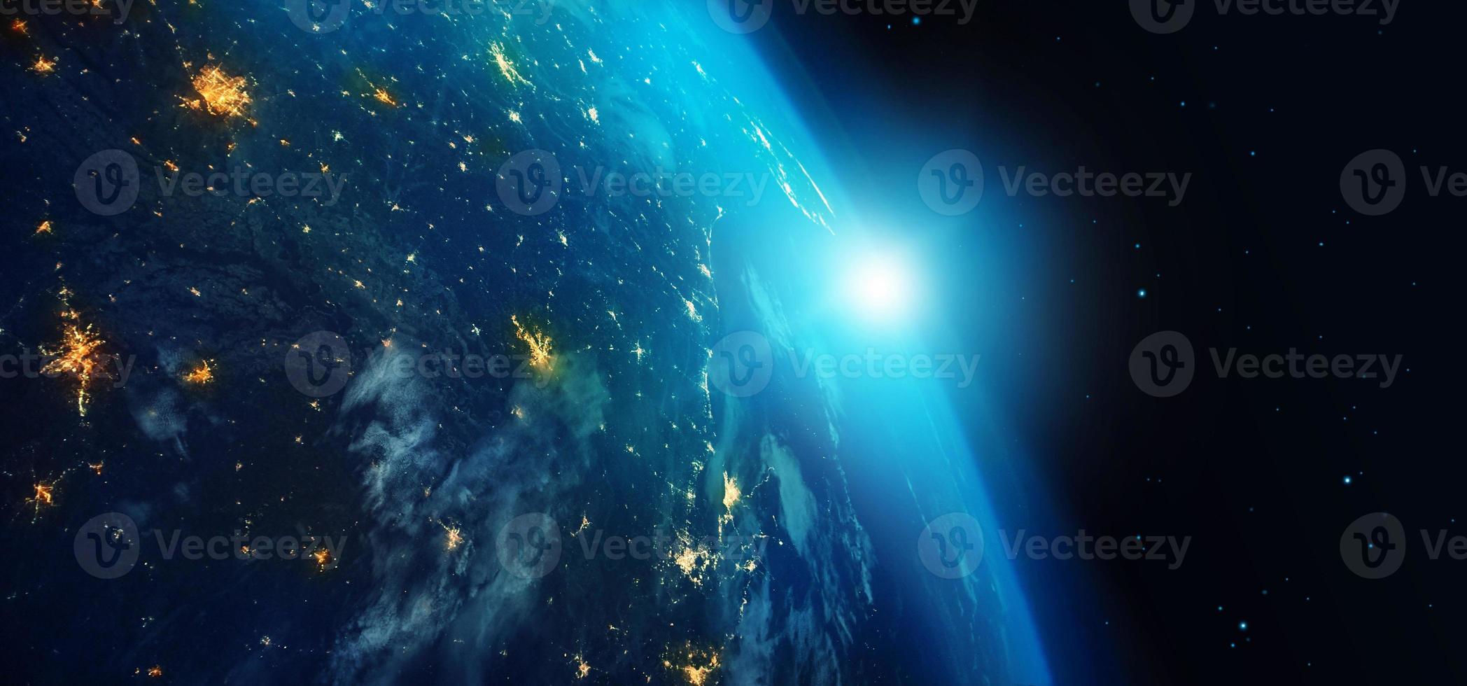 Earth from space at night with city lights and blue sunrise on stars background. 3d rendering. Elements of this image furnished by NASA photo