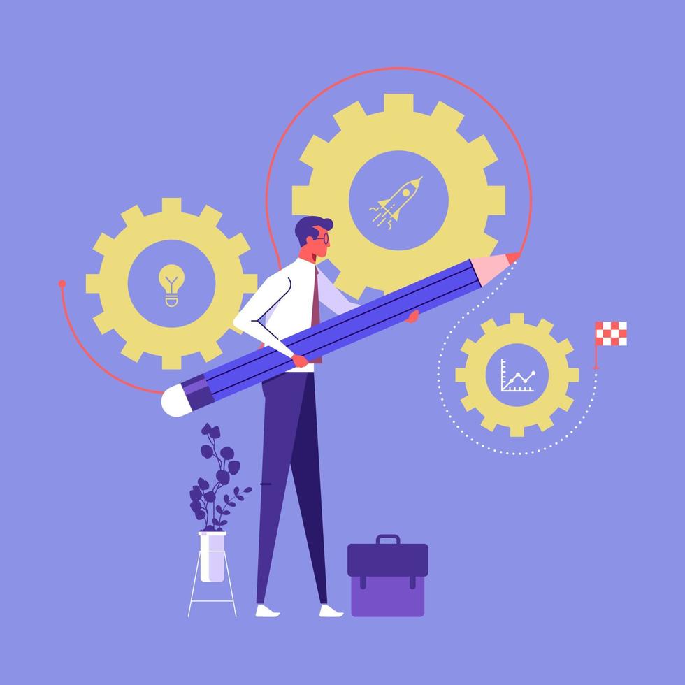 Operations management involving business process and workflow, monitoring and evaluation, quality control, businessman management and working process conceptual vector