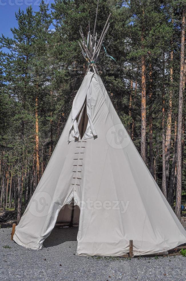 A fabric tent shelter for outdoor camping in a pine tree forest photo