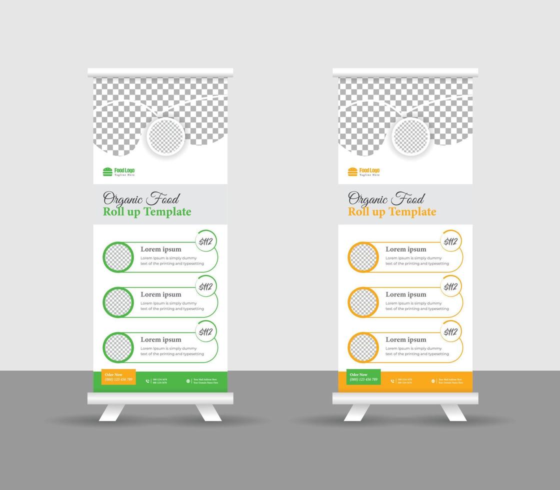 diseño moderno de pancartas acumulativas de alimentos para restaurante. vertical, plantilla enrollable, plantilla de diseño de banner enrollable de alimentos, ilustración de plantilla editable vector