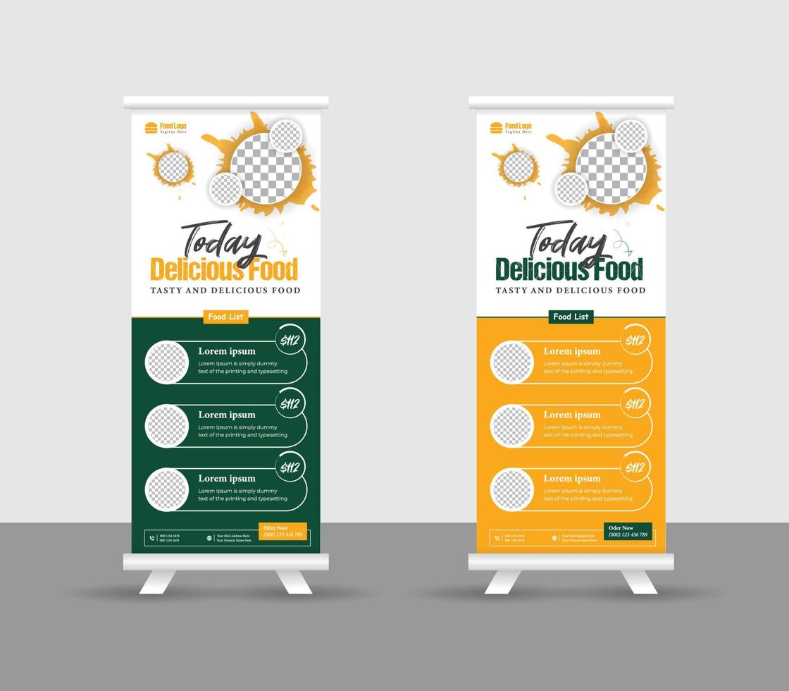 Modern food rollup banner design for restaurant. Vertical, roll-up template, food roll up banner design template, Editable template illustration vector