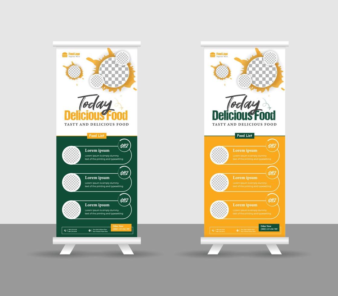 diseño moderno de pancartas acumulativas de alimentos para restaurante. vertical, plantilla enrollable, plantilla de diseño de banner enrollable de alimentos, ilustración de plantilla editable vector