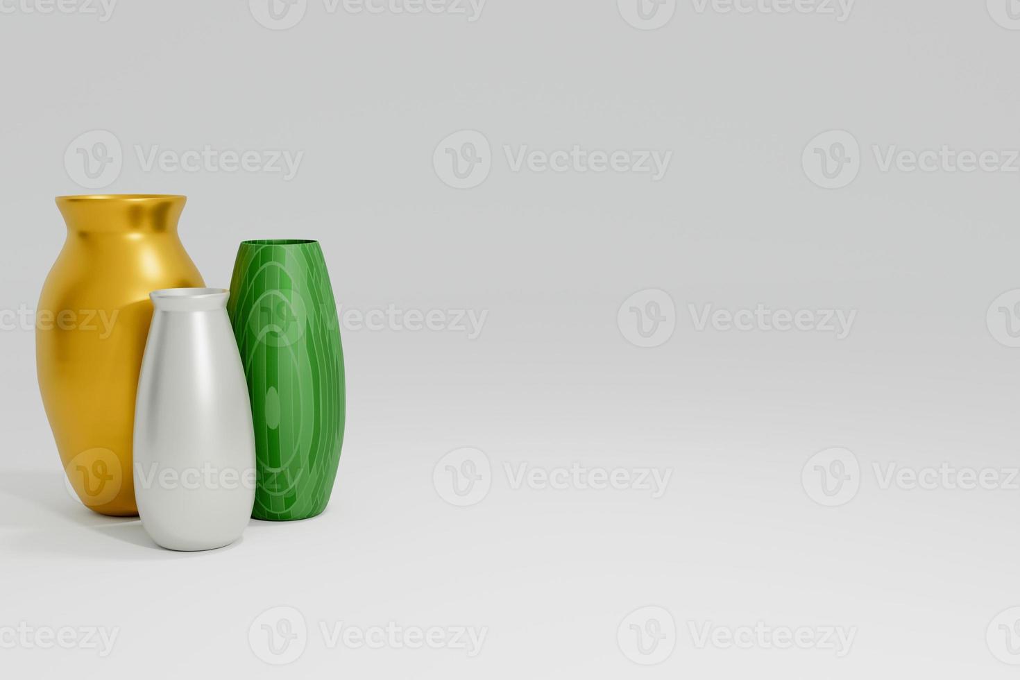 3D rendering different design of vase isolated on white background. gold metalic vase , white vase and textured green vase on white space for copy space photo