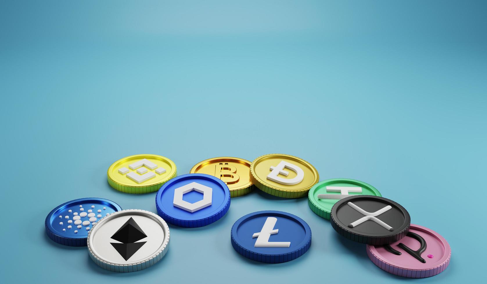 3D rendering arrangement of cryptocurrency for copy space on blue background photo
