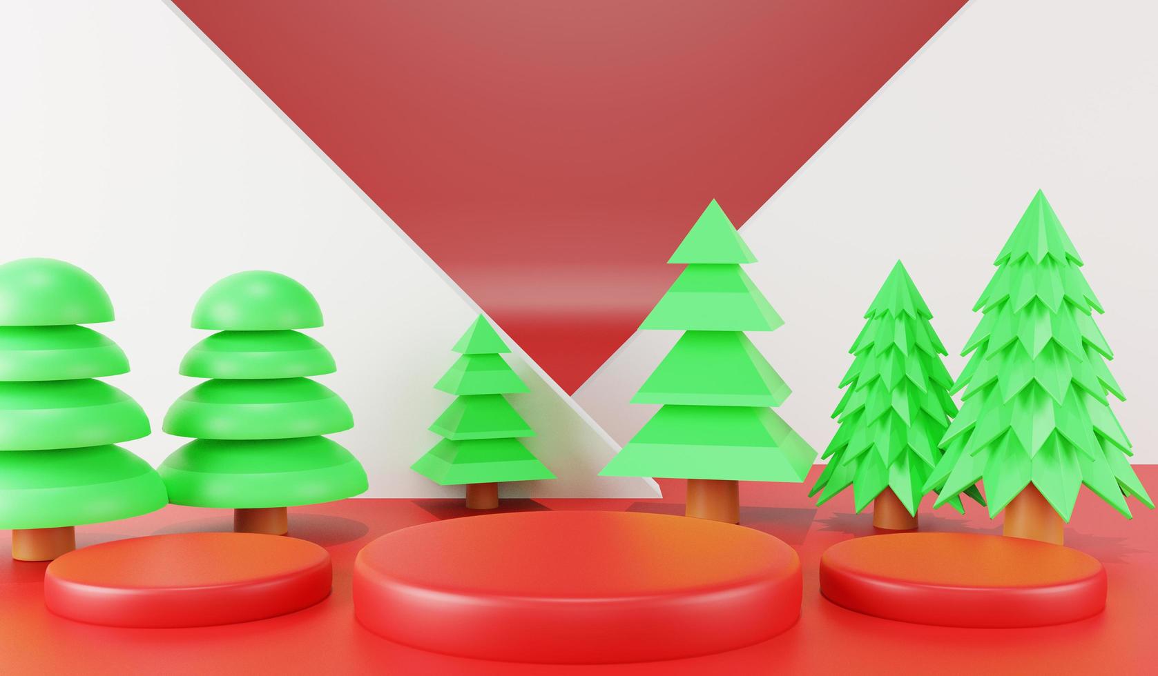 Representación 3d podio de navidad y árbol de navidad prop fondo de polígono bajo foto