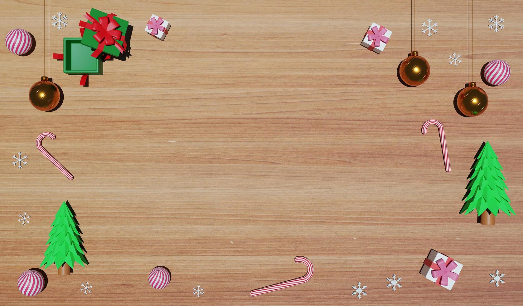 3D rendering top view Christmas prop and copy space on wooden background photo