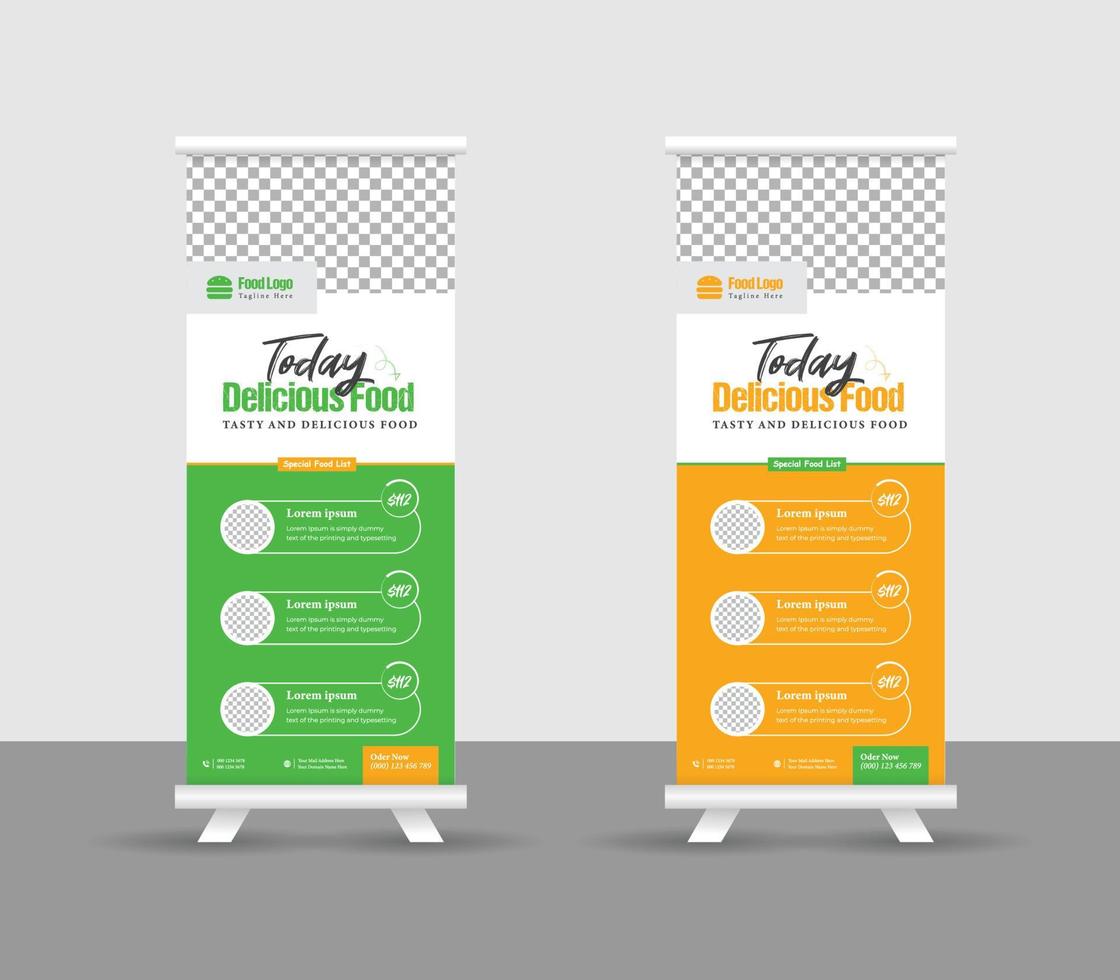 diseño moderno de pancartas acumulativas de alimentos para restaurante. vertical, plantilla enrollable, plantilla de diseño de banner enrollable de alimentos, ilustración de plantilla editable vector