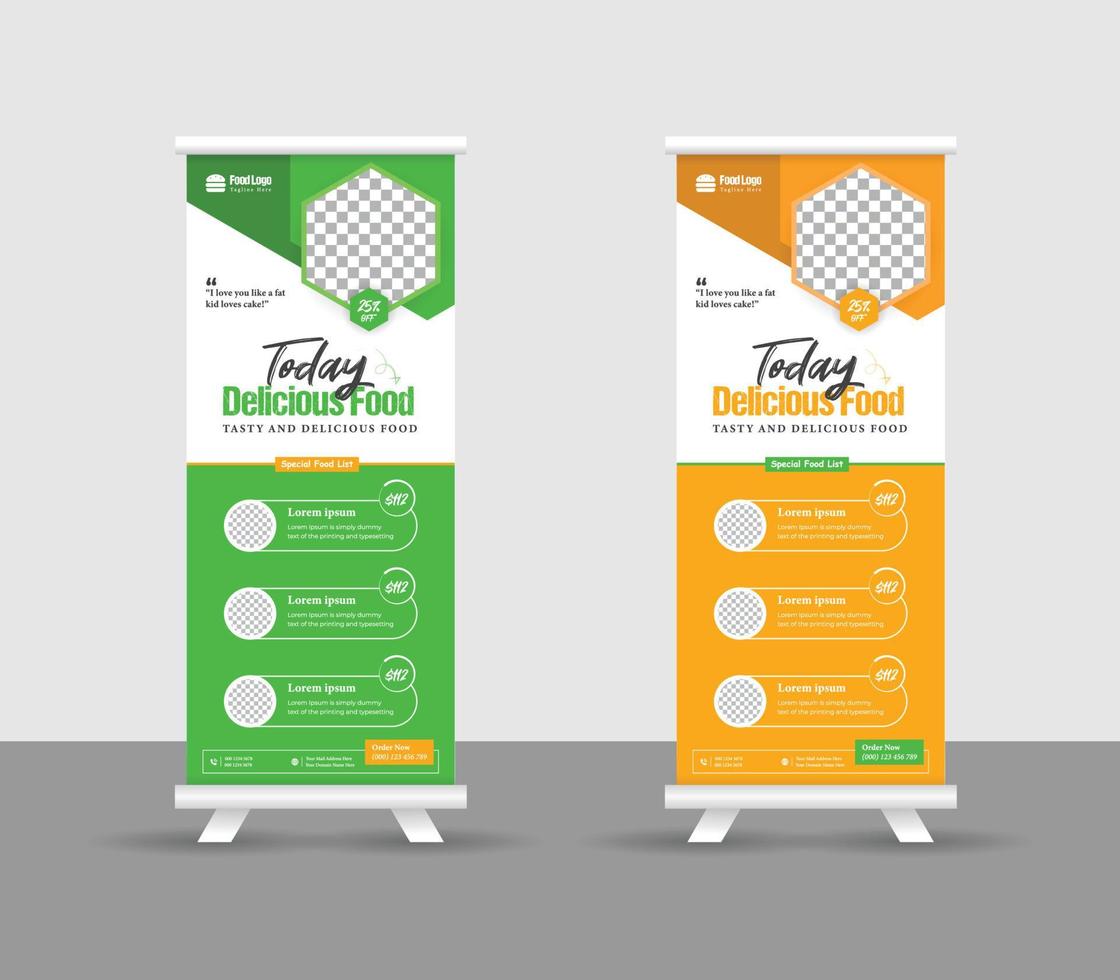 Modern food rollup banner design for restaurant. Vertical, roll-up template, food roll up banner design template, Editable template illustration vector