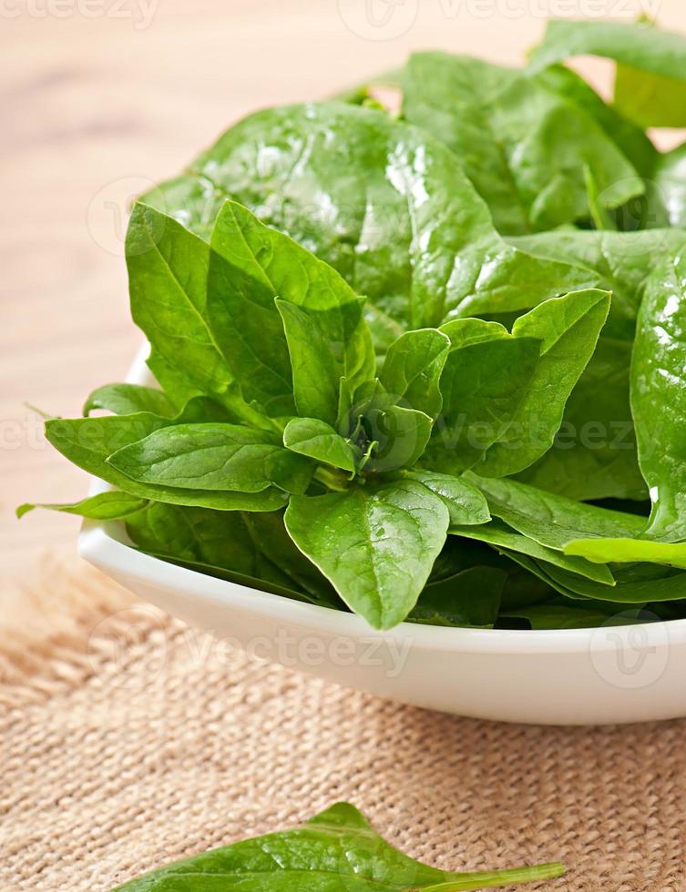 washed spinach leaves in a bowl on a wooden table photo