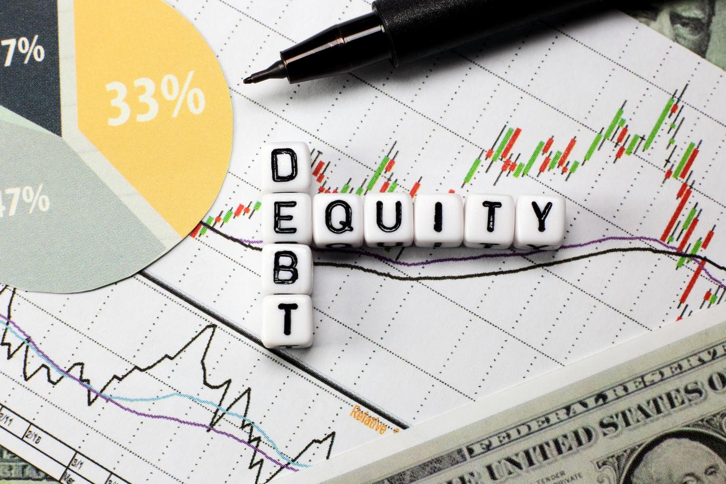 Debt and equity letter cube on white candle stick chart background. conceptual image for DE ratio in stock investment. photo
