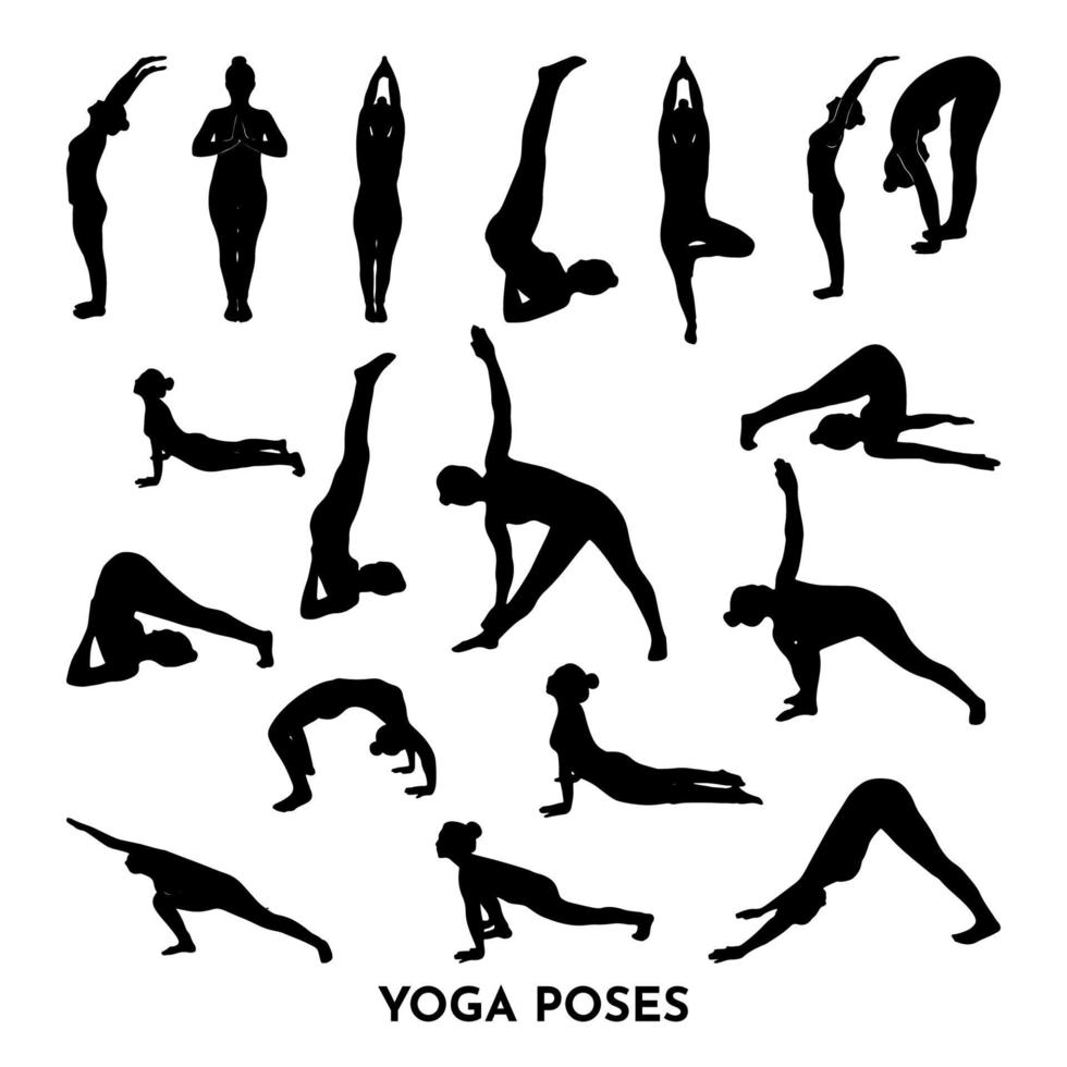 Set of yoga poses. Black woman silhouettes. Vector illustration. Sport concept