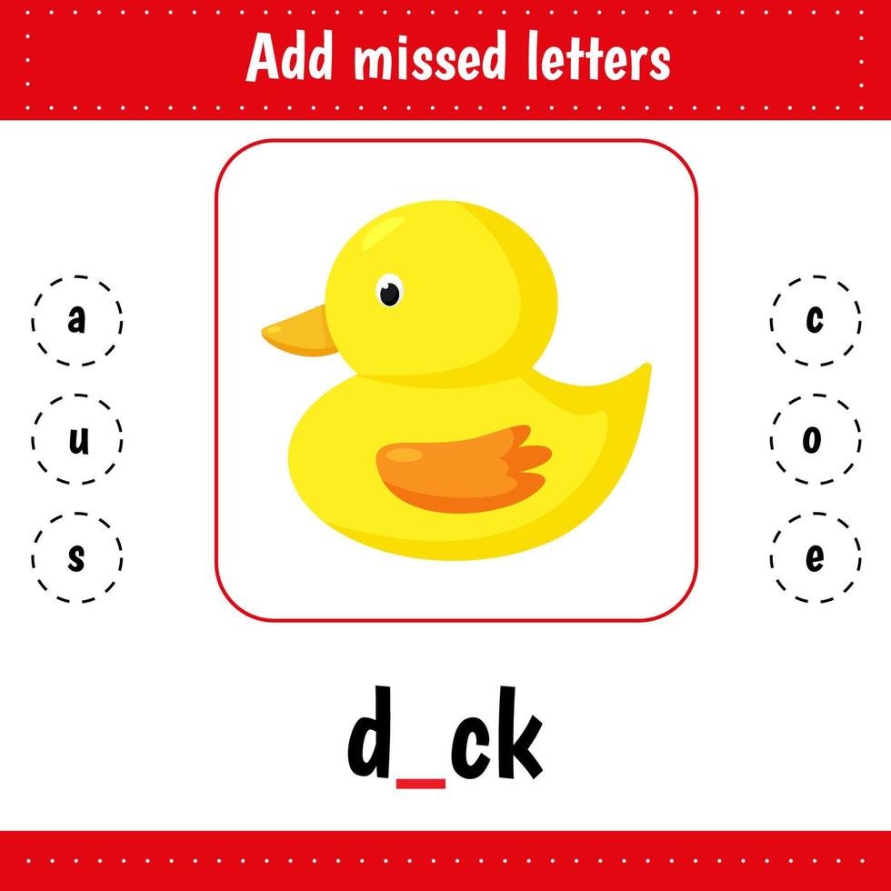 Animals. Duck. Add missed letters. vector