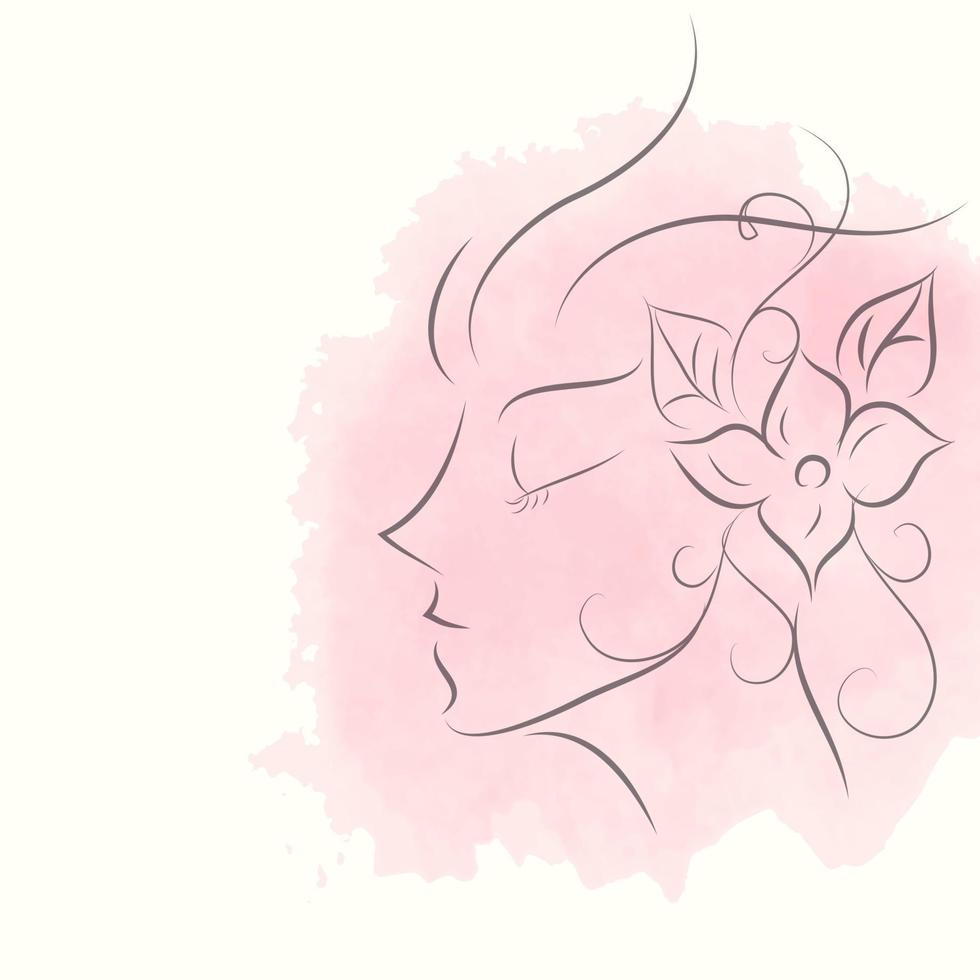 Abstract woman face with floral flowers, girl in profile view with pink watercolor background , Vector illustration drawing