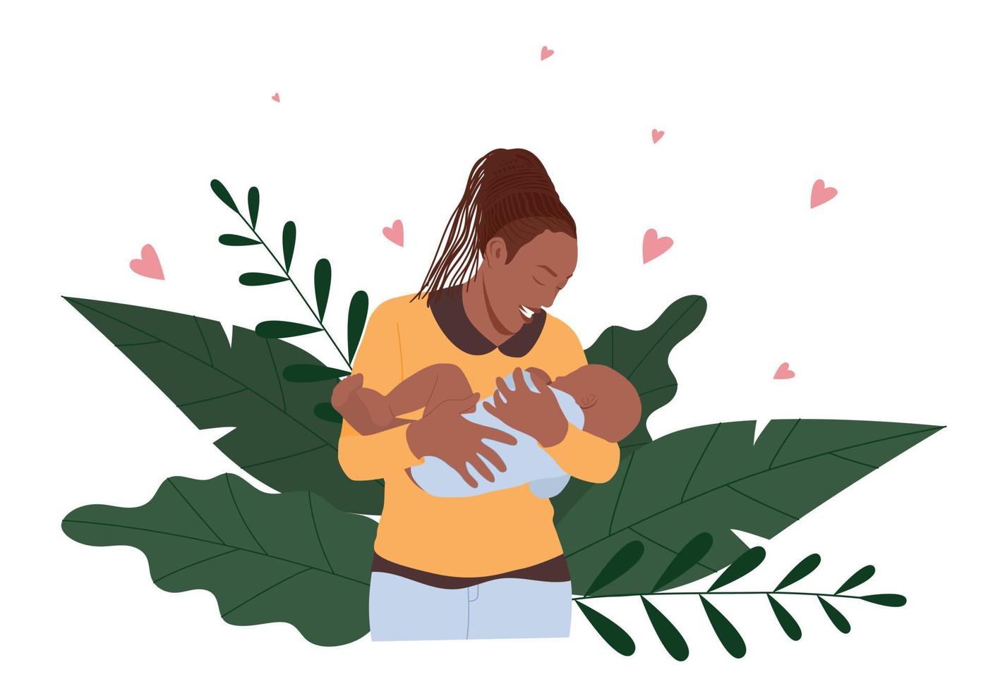 Afro American woman breastfeeding and holding her newborn baby. Vector poster or banner