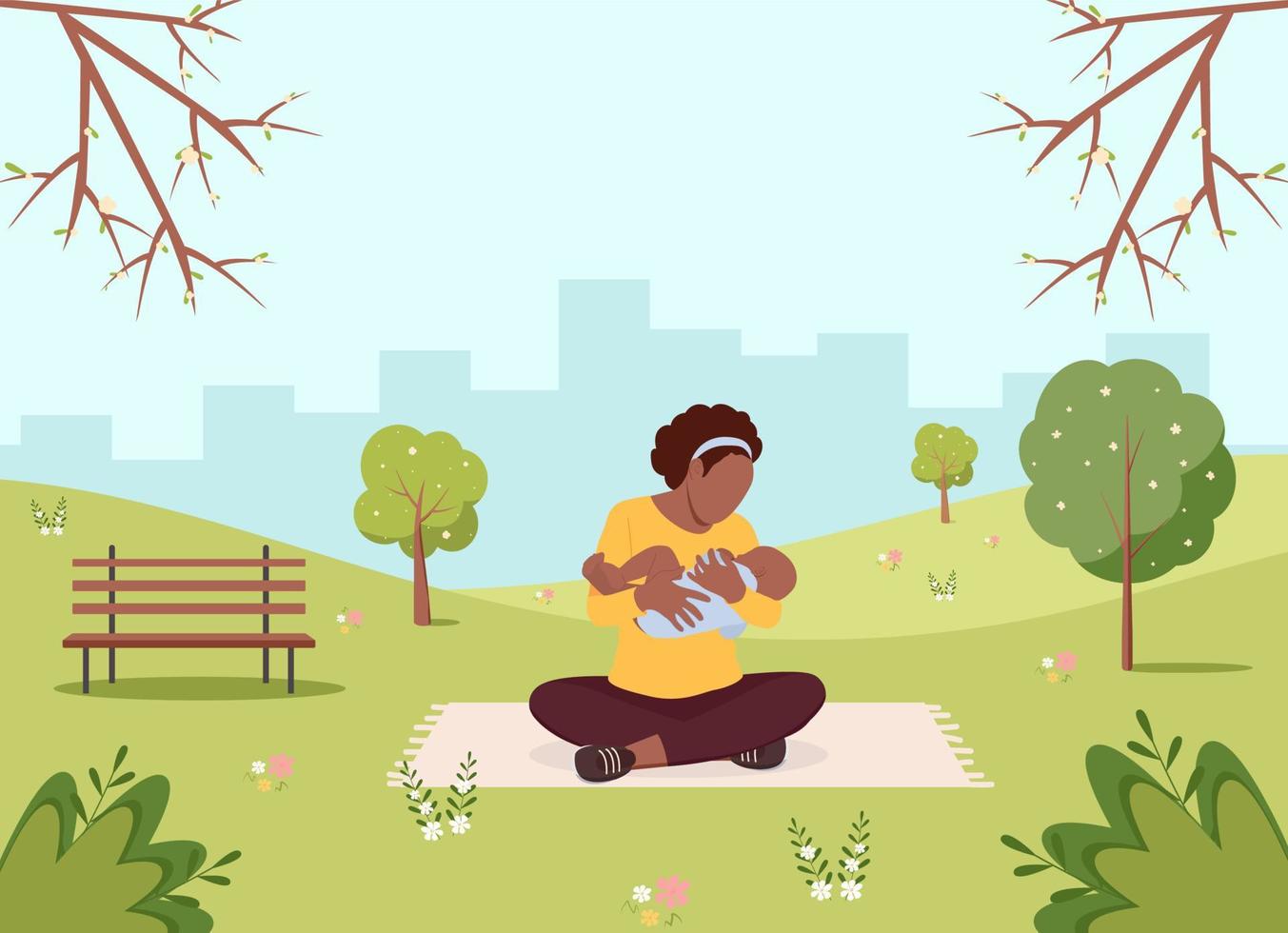 Afro American woman at the park with a newborn baby. Vector illustration