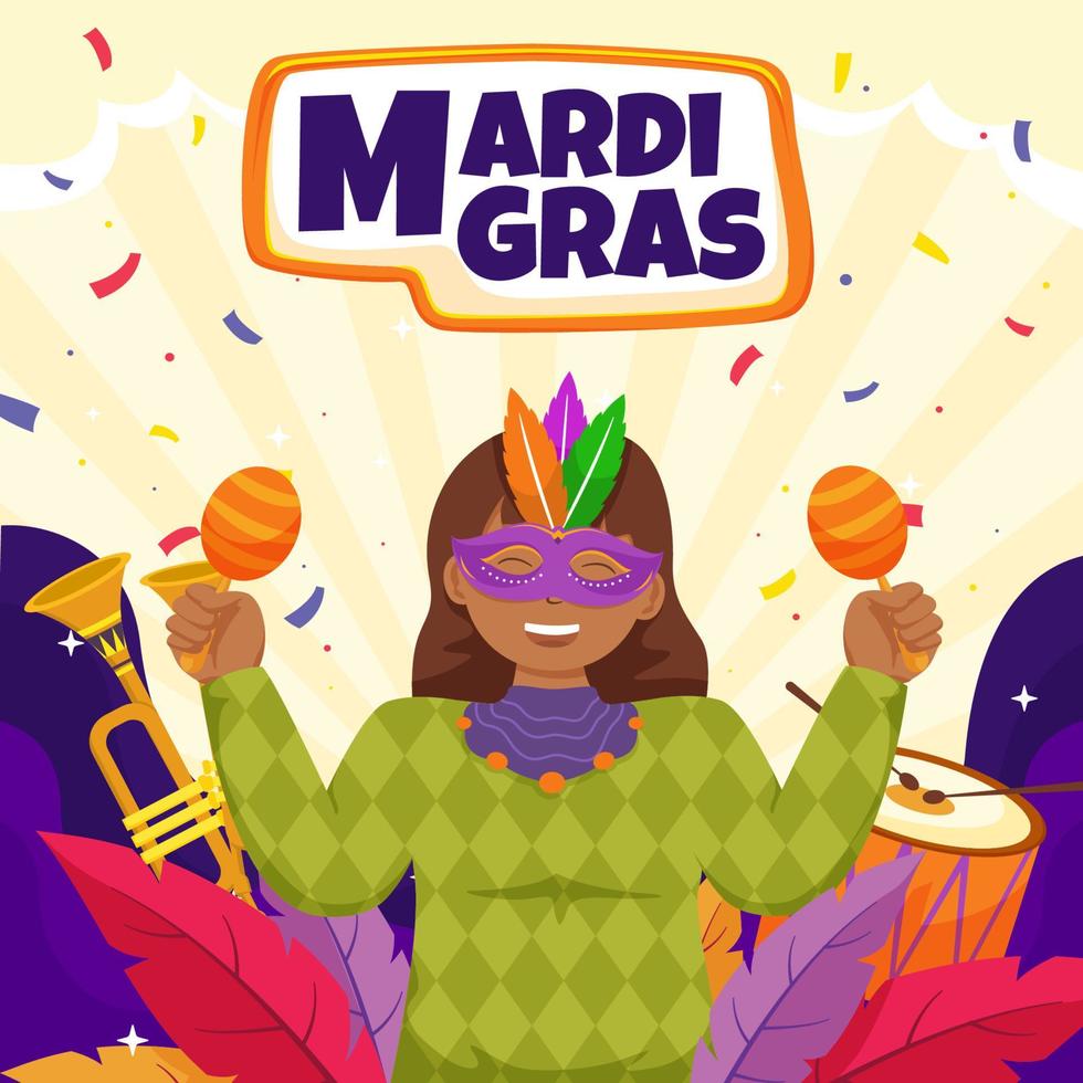 una niña celebrando el festival mardi gras con maracas vector