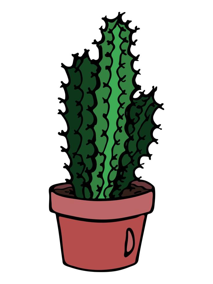 lindo cactus simple dibujado a mano. planta de interior en una maceta clipart. ilustración de cactus aislado sobre fondo blanco. garabato hogareño acogedor. vector