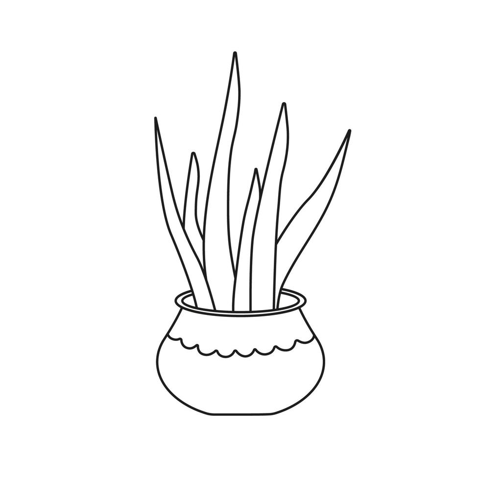 Potted plant in linear drawing style. House plant in pot or planter isolated on white background. Vector illustration