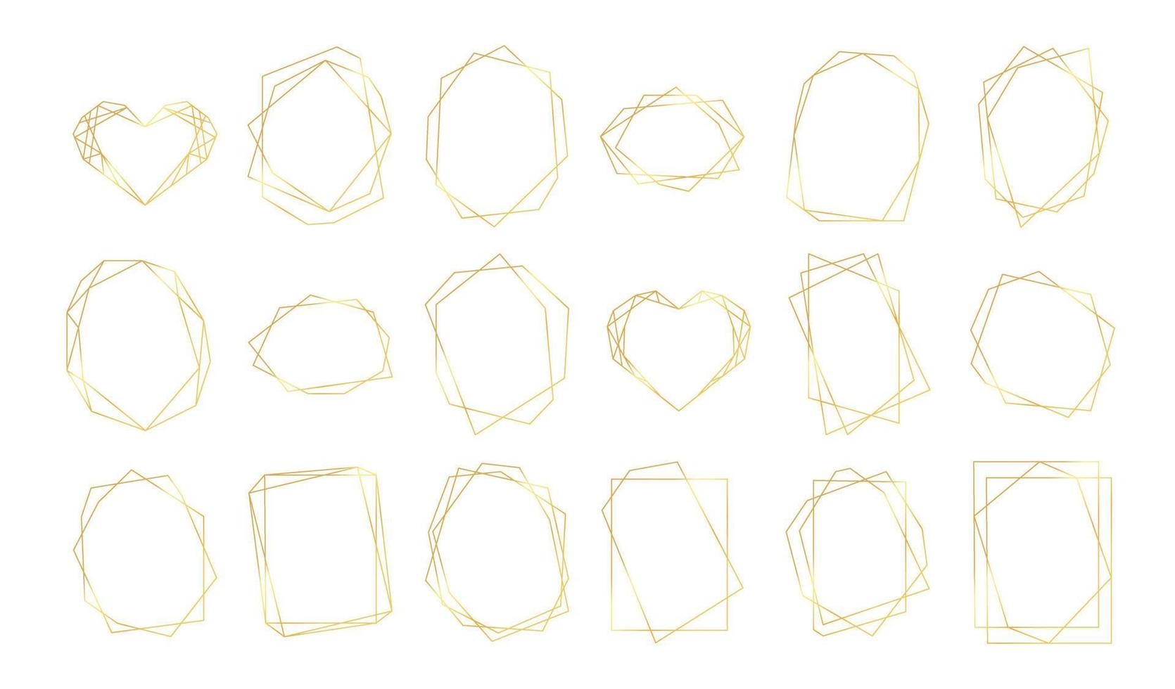 Set of golden geometric frames. Luxury polygonal frames, borders for decoration wedding invitations, greeting cards. Vector illustration isolated on white background