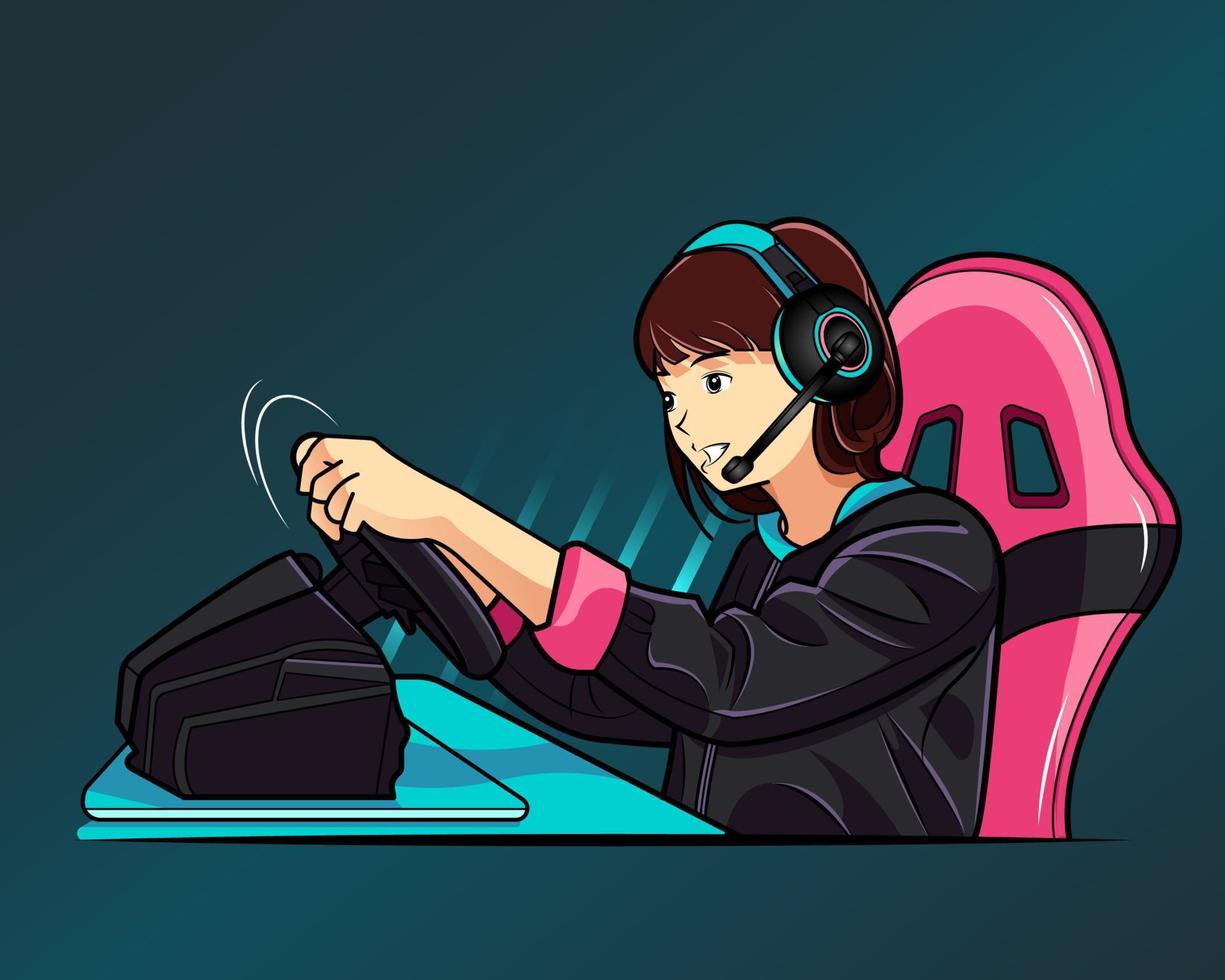 Young girl playing car racing online video game vector illustration free download