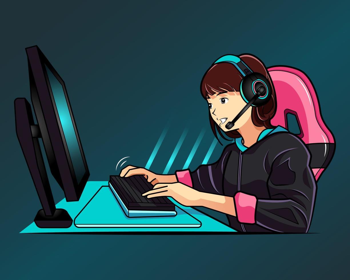 A woman playing computer games. Young woman using computer for playing games.  Cheerful woman in headphones playing online games. Vector flat design  illustration. Square layout. Royalty-Free Stock Image - Storyblocks