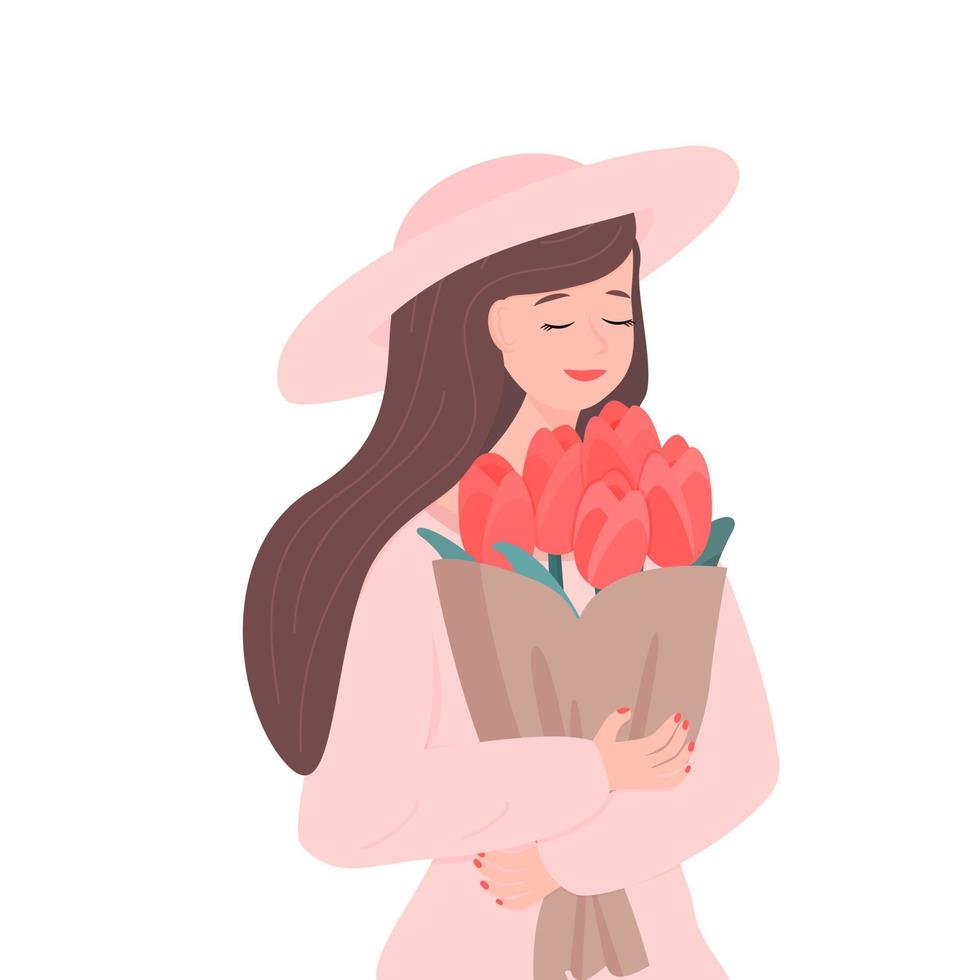 mujer linda feliz sosteniendo un hermoso ramo de tulipanes. hola concepto de primavera. Ilustración de vector de saludo lindo dibujado a mano aislado en blanco.