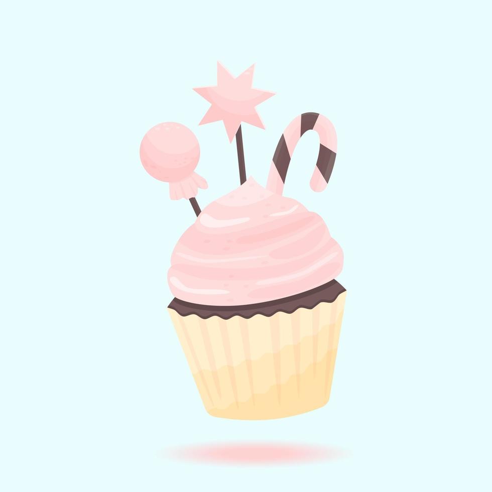 cupcake dulce con crema y caramelos. aislado en la ilustración de vector blanco. sabrosa comida dulce.