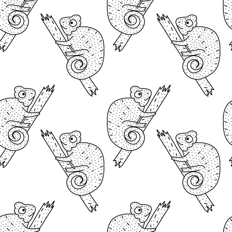 Chameleon seamless pattern on white background. Cute animal vector illustration. Endless repeatable print.