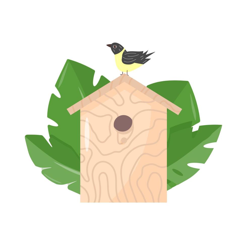 Cute Cartoon birdhouse on a white background with bird on top. Isolateed vector illustration. Bird house with green leaves. Symbol of family happiness.