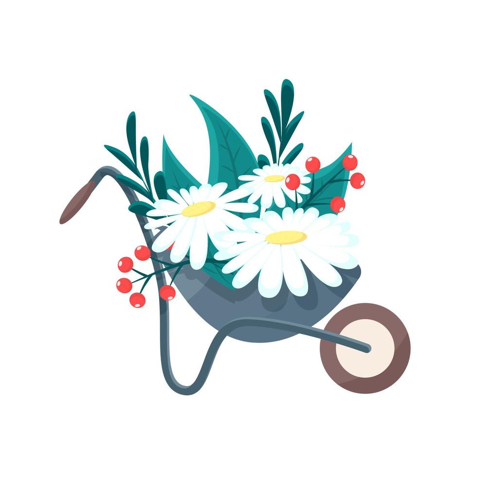 Garden time Cute illustration of wheelbarrow with flowers. Isolated on white vector illustration.