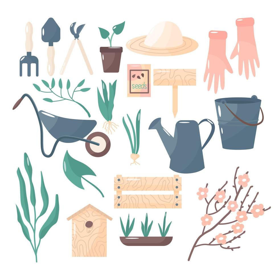 Garden tools and plants set in cartoon style. Collection on the theme of garden and farming. Cute Vector illustration.