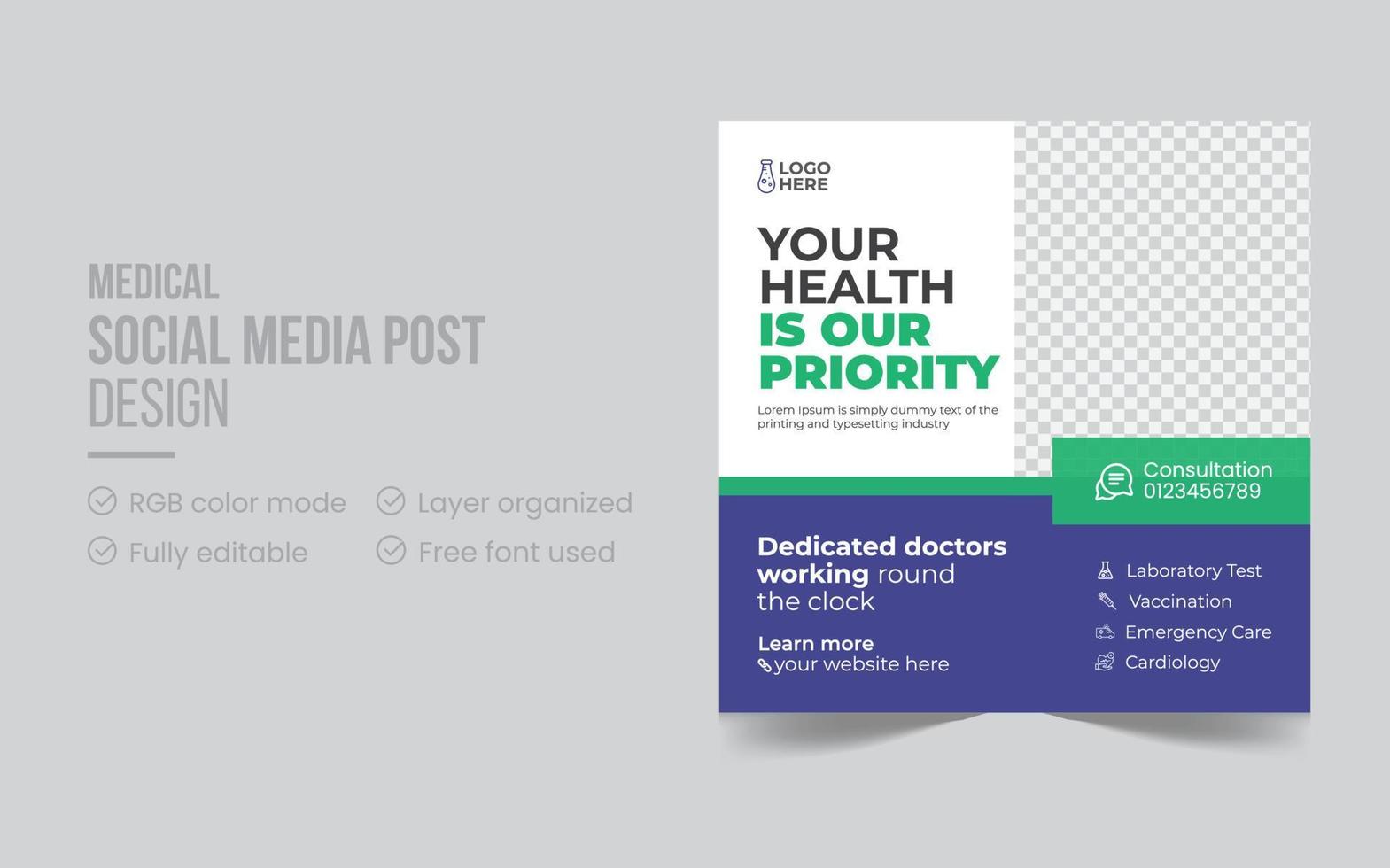 Modern medical hospital social media post or web banner design template. Creative promotional square web banner for hospital and clinic pro download vector