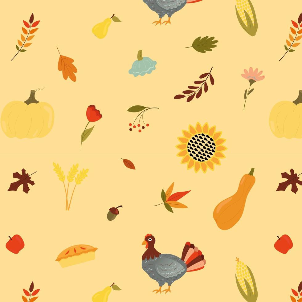Happy Thanksgiving Day seamless pattern with holiday objects in flat style. Background with pumpkin, turkey, pie in pastel color. Vector illustration for design, fabric or wrapping paper