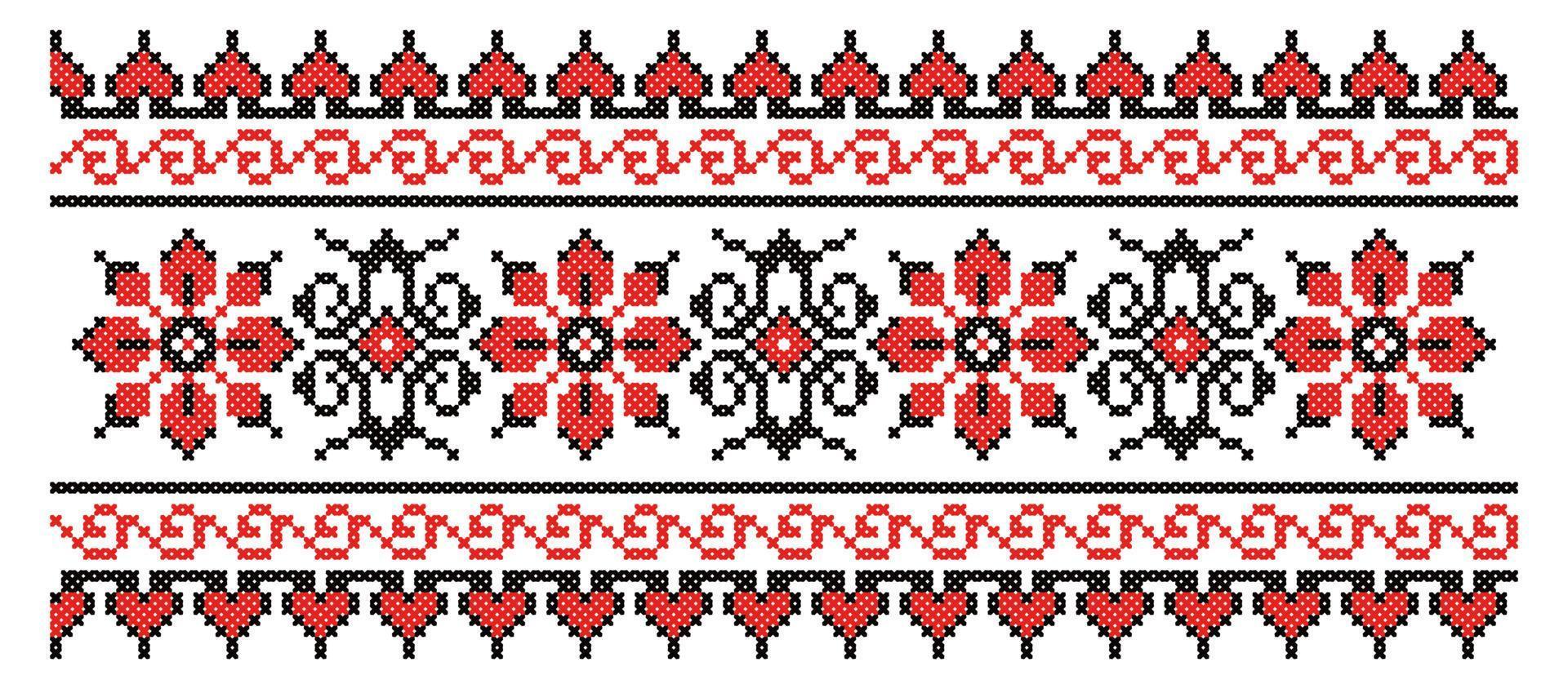 esquema de ornamento de vector de punto de cruz nacional ucraniano de flores. ilustración en negro y rojo