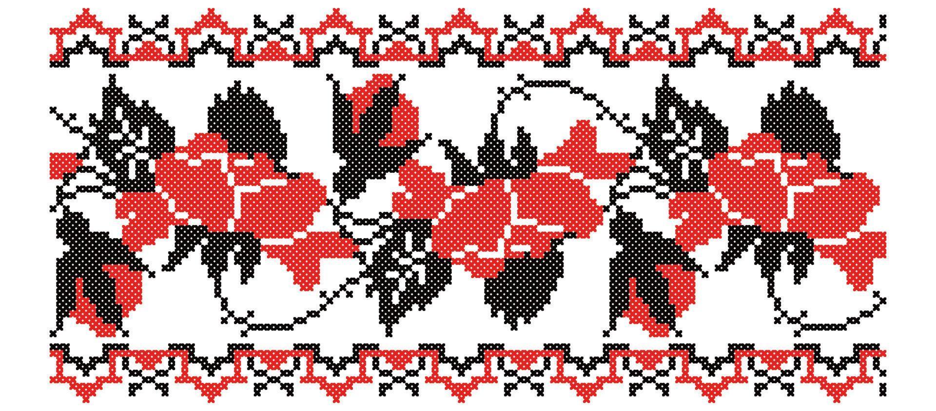 Ukrainian national cross-stitch vector ornament scheme of flowers with frame. Black and red illustration