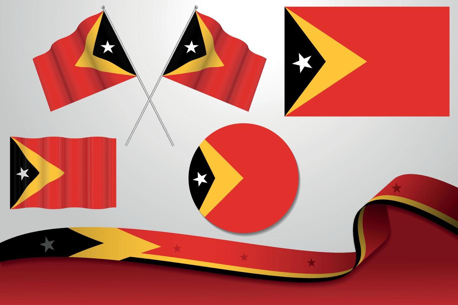 Set Of Timor-Leste Flags In Different Designs Icon Flaying Flags With ribbon With Background. vector