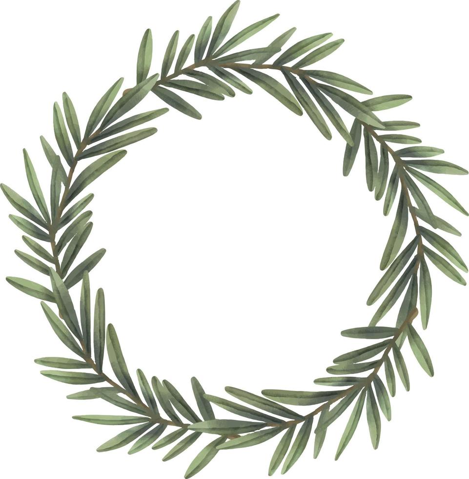 Watercolor wreath of green tropical branches. Hand painted floral circle border with tree branches isolated on white background. vector