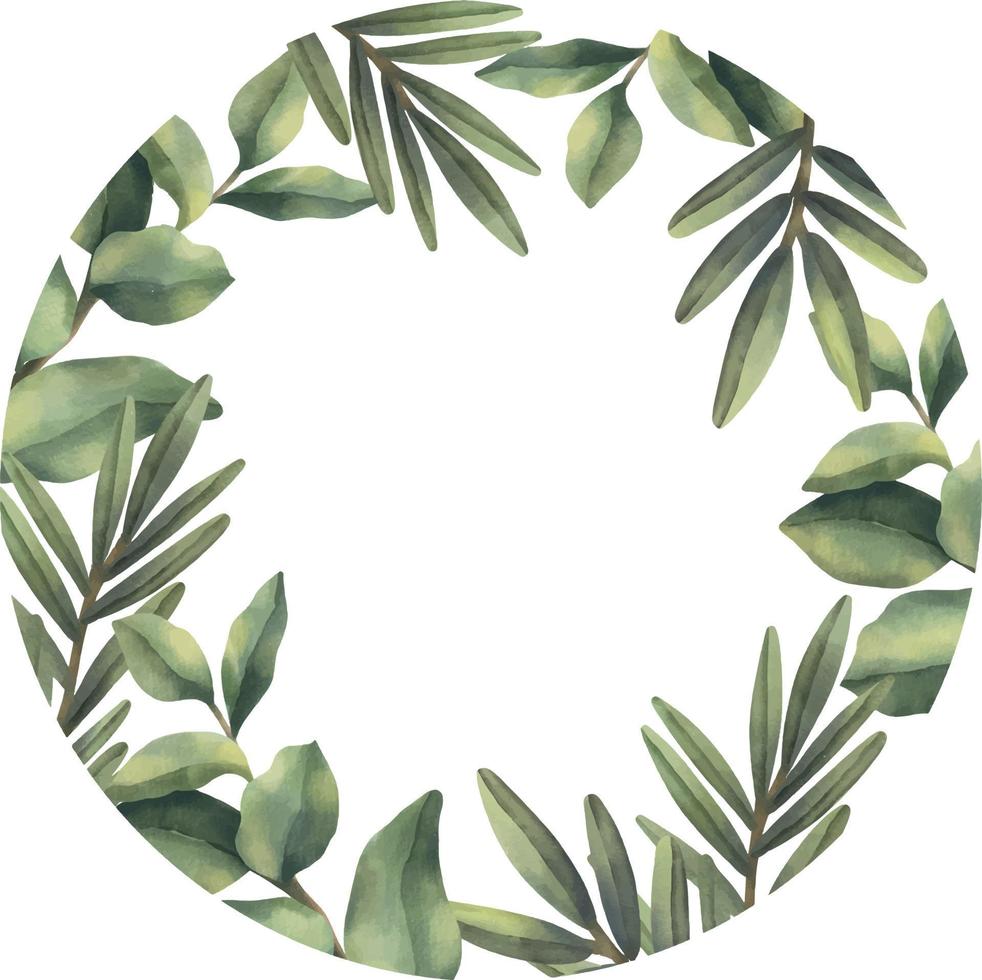 Watercolor wreath of green tropical branches. Hand painted floral circle border with tree branches isolated on white background. vector